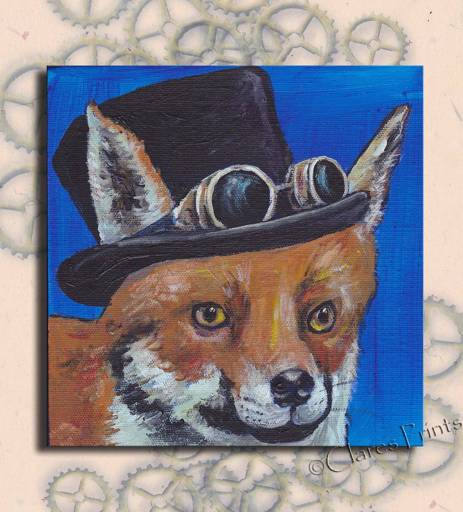 Steampunk Fox Original Art Acrylic Painting on Canvas Retro 