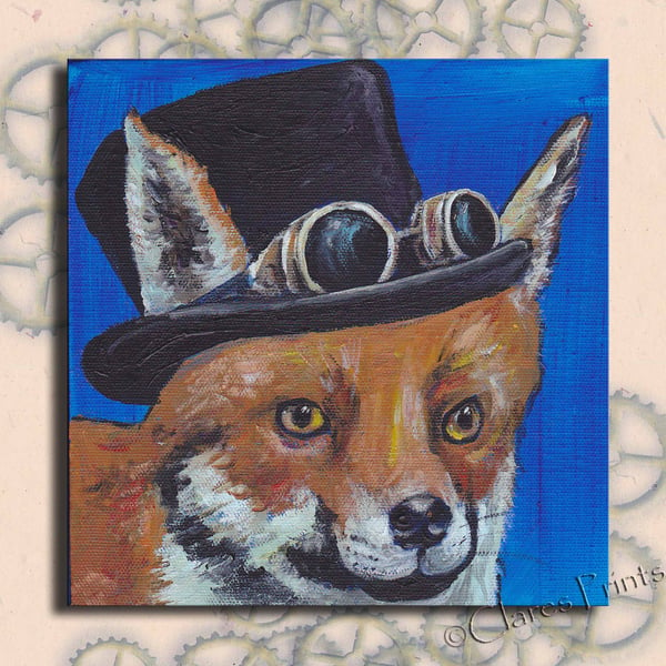 Steampunk Fox Original Art Acrylic Painting on Canvas Retro 