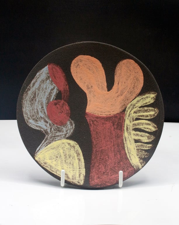 Red, Orange, Yellow Decorative Dish, Black Clay and Undeglaze