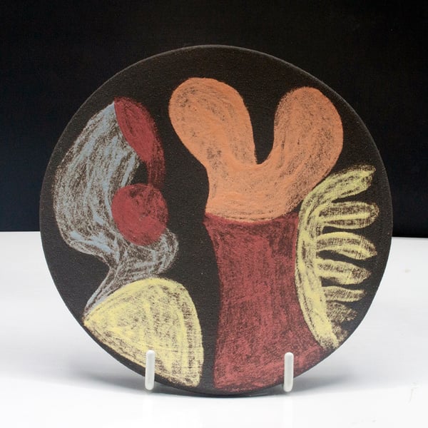 Red, Orange, Yellow Decorative Dish, Black Clay and Underglaze