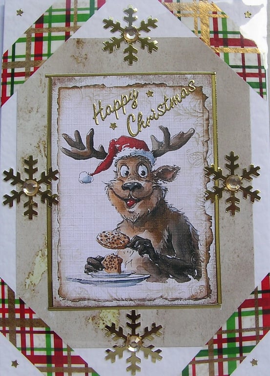 Hand Crafted Decoupage Chistmas Card - Happy Christmas (2956) Comical Reindeer