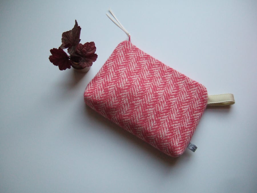 Pink tweed or pink wool large purse, make up bag or toiletries bag with zip 