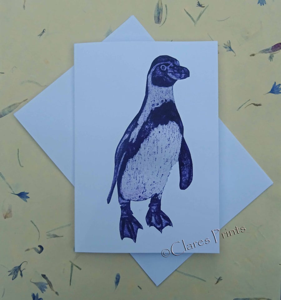 Purple Penguin Blank Greeting Card From my Collagraph Art Print 