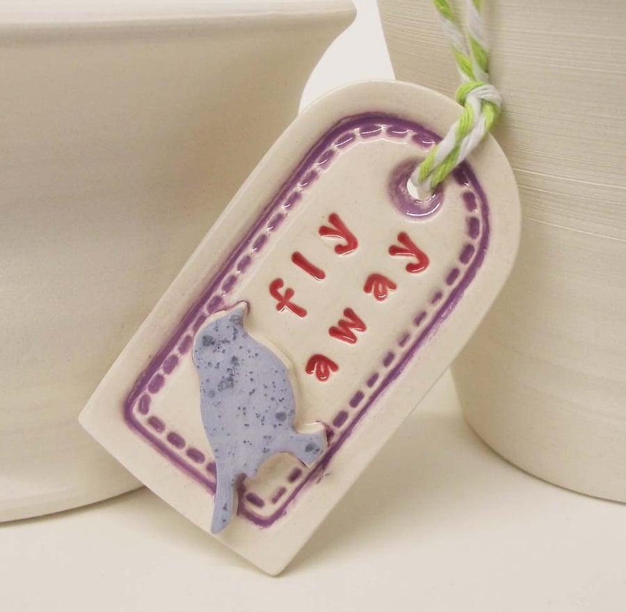 Sale Small ceramic gift tag decoration with bird fly away