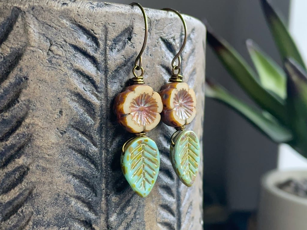 Spring Inspired Czech Glass Leaf Earrings