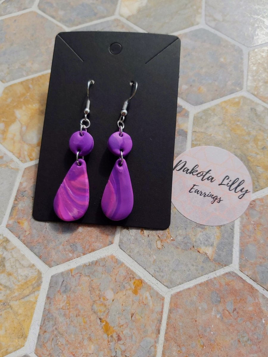 Purple and Pink double drop, polymer clay earrings