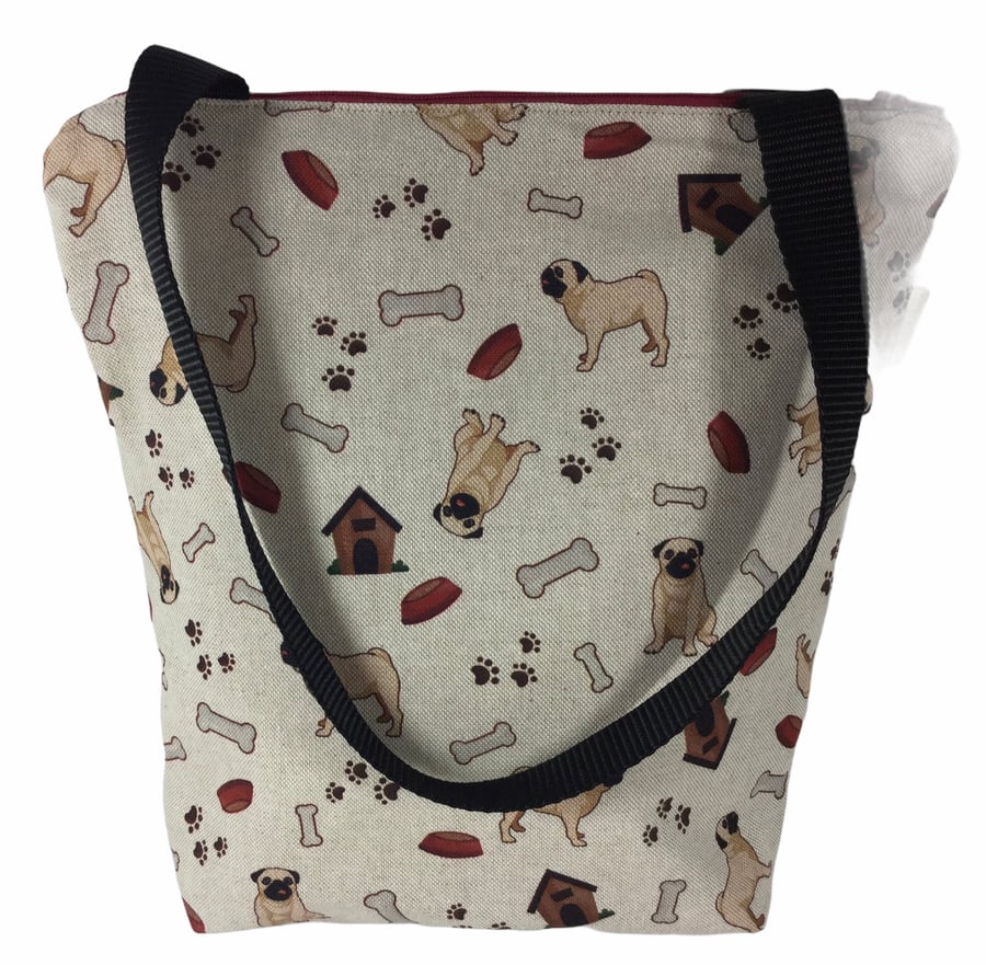 Small dogs canvas tote bag with zip closure, cotton pug book purse, bag with poc