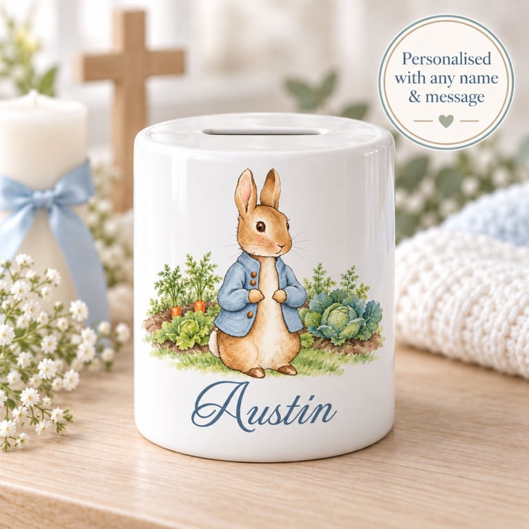 Personalised Peter Rabbit Monogram Money Box –  Birthday & Christening Gift