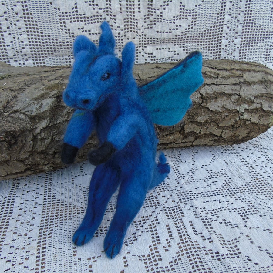 Needle felted dragon, blue tones, winged dragon,  