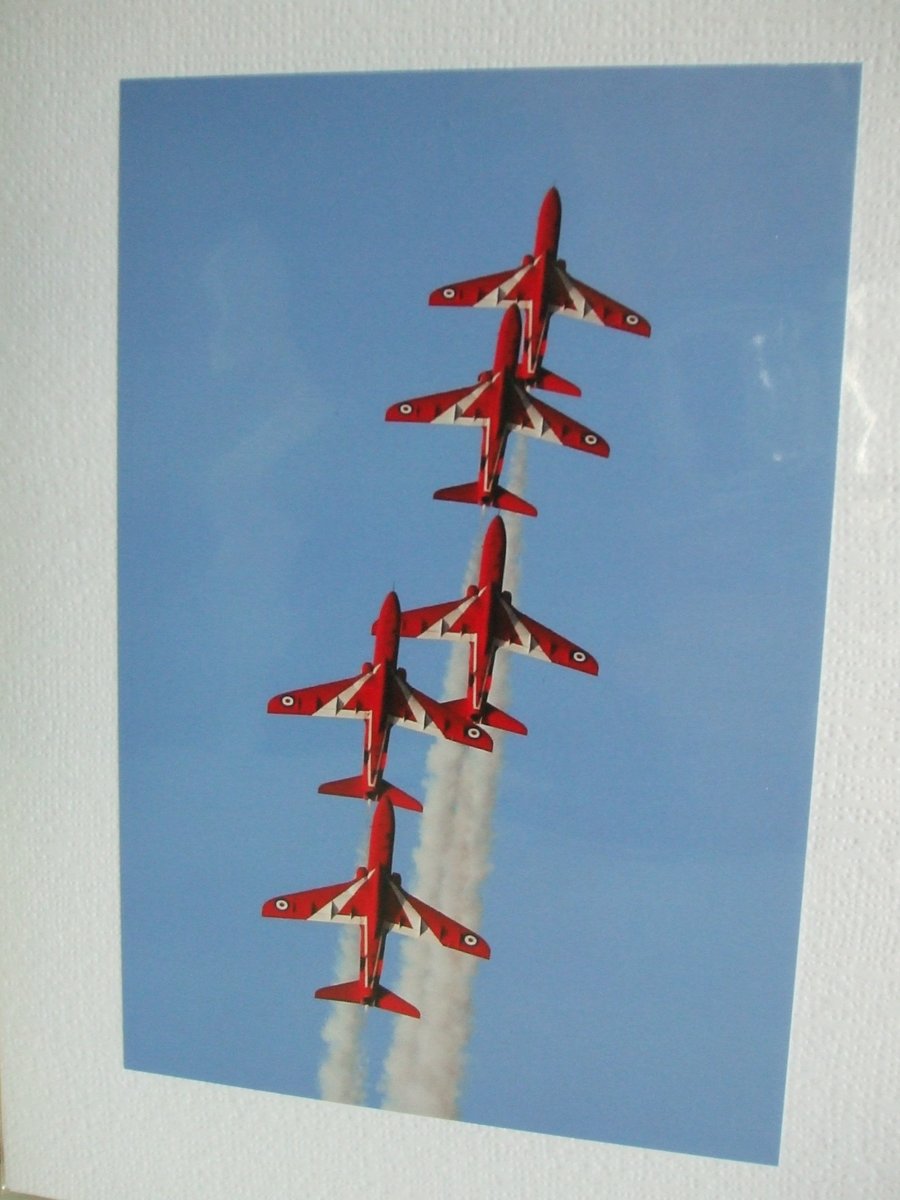 Photographic greetings card of 5 Red Arrows in a vertical climb.