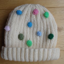 Hand Knitted Cream Hat With Multi Coloured Knitted Bobbles (R282)