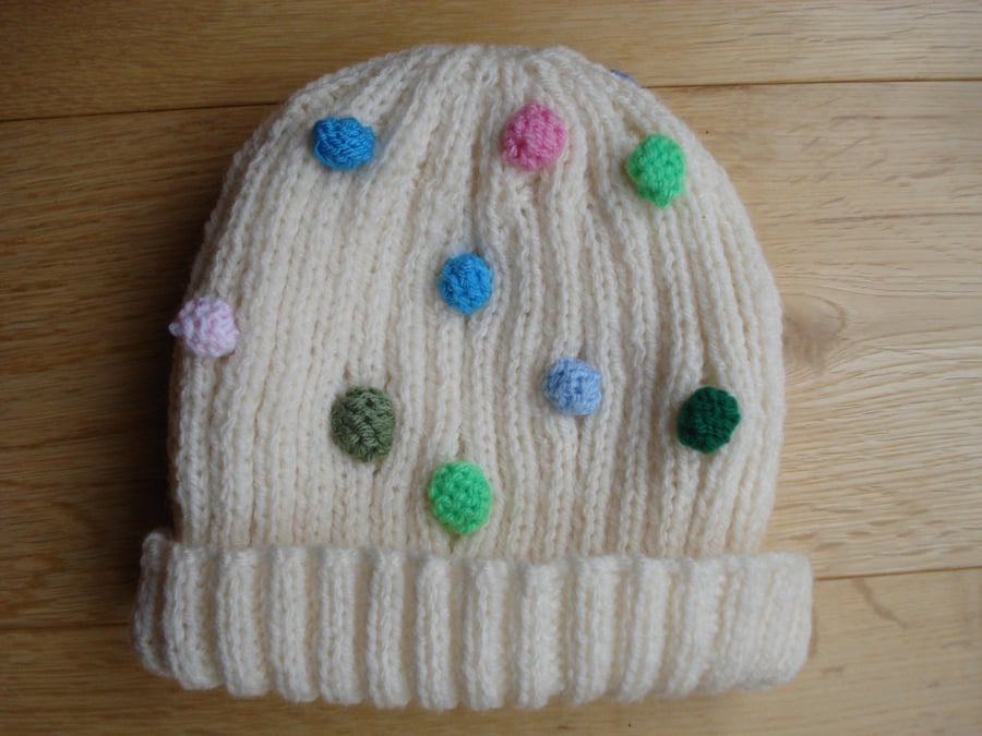 Hand Knitted Cream Hat With Multi Coloured Knitted Bobbles (R282)