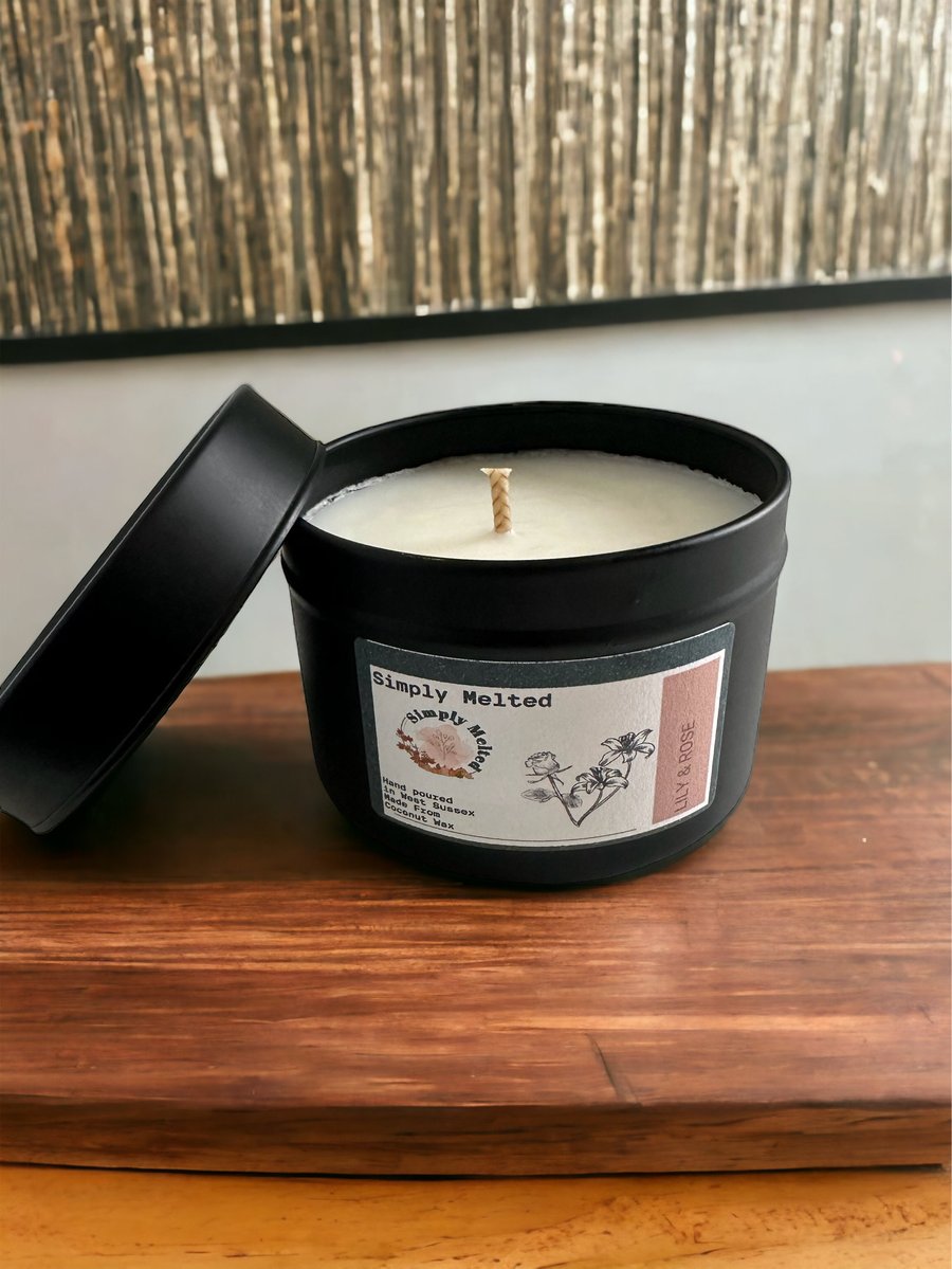 Luxury Lily Rose Scented Coconut Wax Candle In A Tin, Smooth and Elegant Floral 