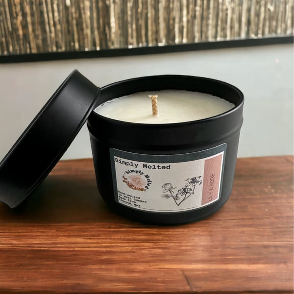 Luxury Lily Rose Scented Coconut Wax Candle In A Tin, Smooth and Elegant Floral 