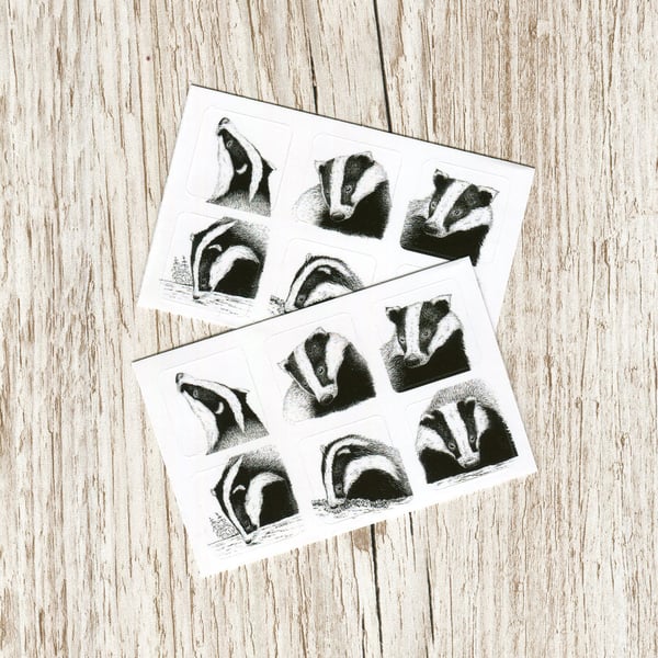 Stickers - Black & White Badgers - set of twelve 1 inch square