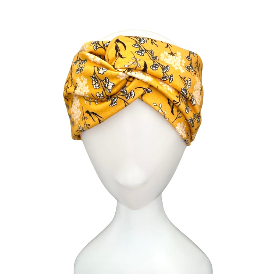 Floral mustard yellow layered turban twist fashion headband for women