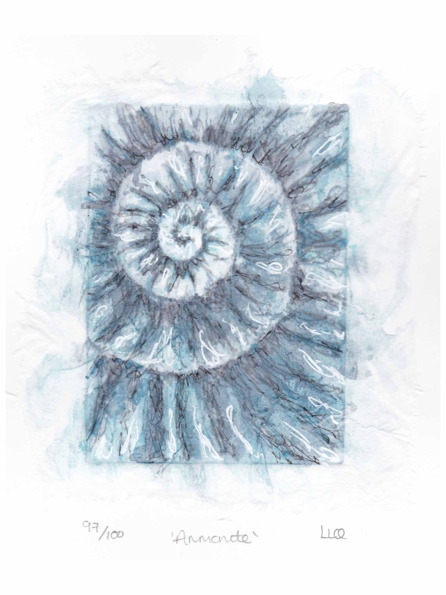 Etching no.97 of an ammonite fossil with mixed media in an edition of 100