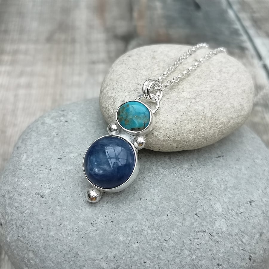 Sterling Silver Kyanite and Turquoise Pendant Necklace
