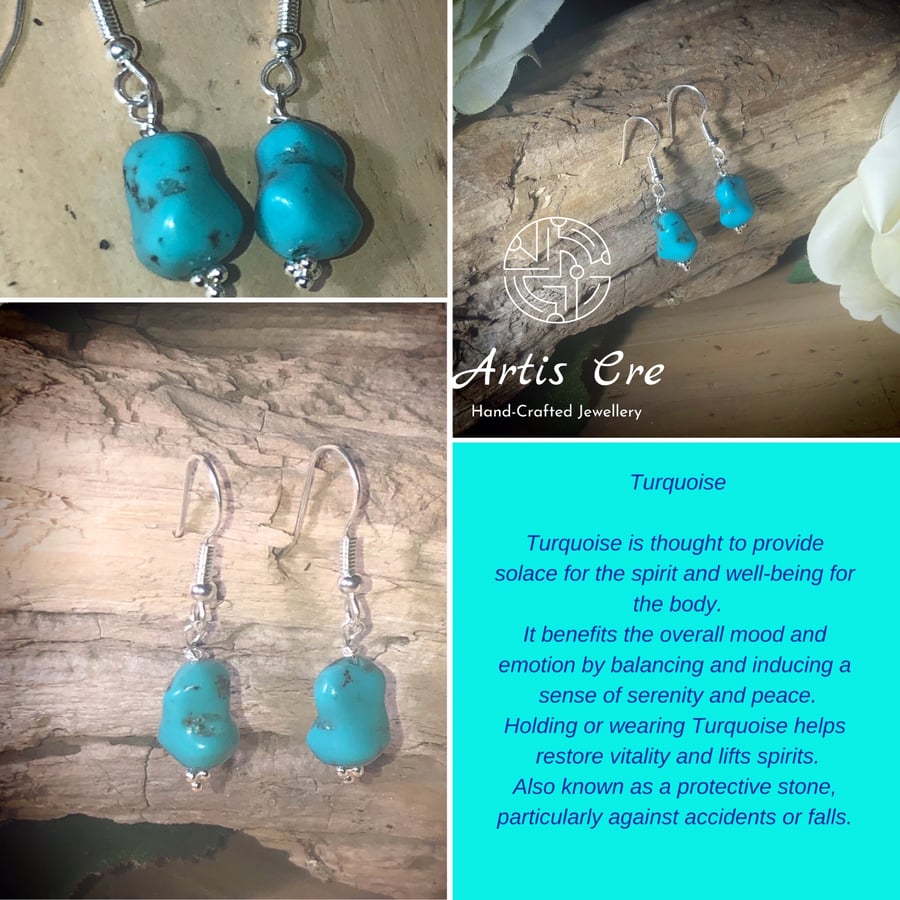 Sterling Silver and natural Turquoise stone nugget earrings drop dangle dogtooth