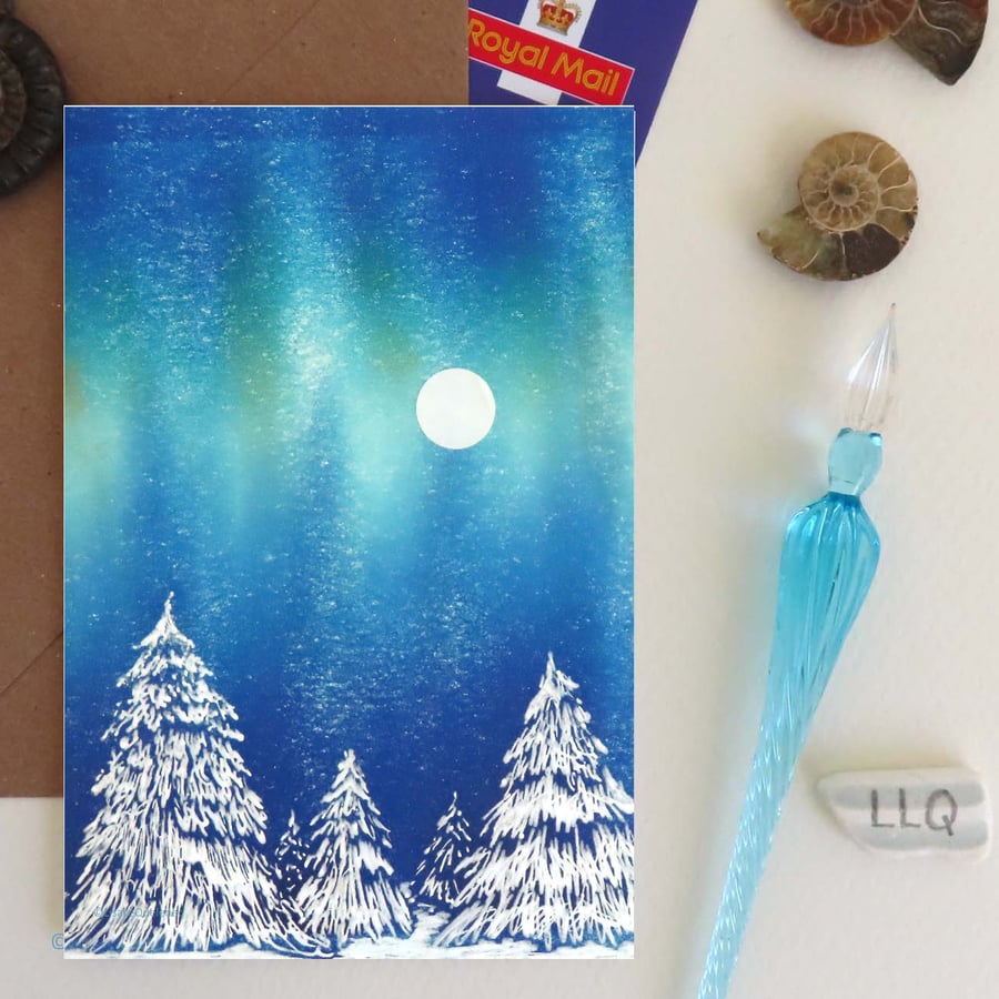 Snow moon trees blank greeting card notelet portrait northern lights cello free