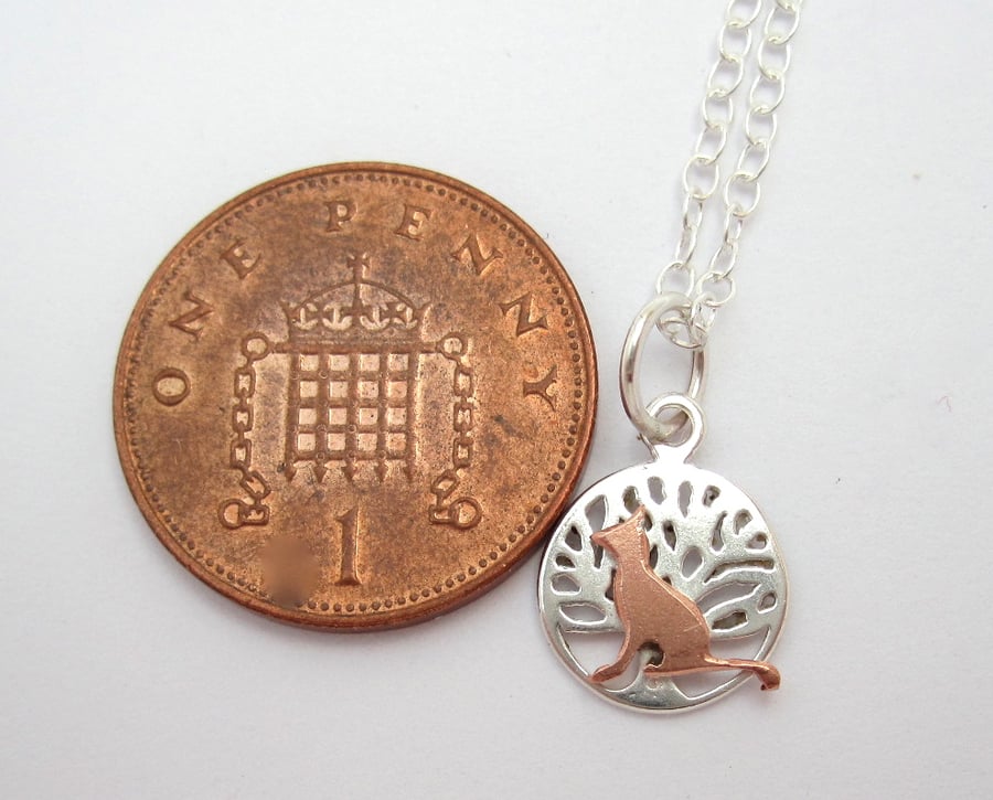 A Little Cat Silver Tree of Life Pendant, Cat Silver Necklace, Tree of Life Cat