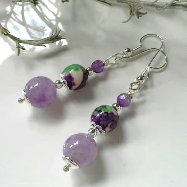 Designer Lavender Amethyst , Faceted Amethyst & Variscite Earrings