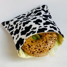 Large sandwich bag. Reusable and eco-friendly. Black and white cow design