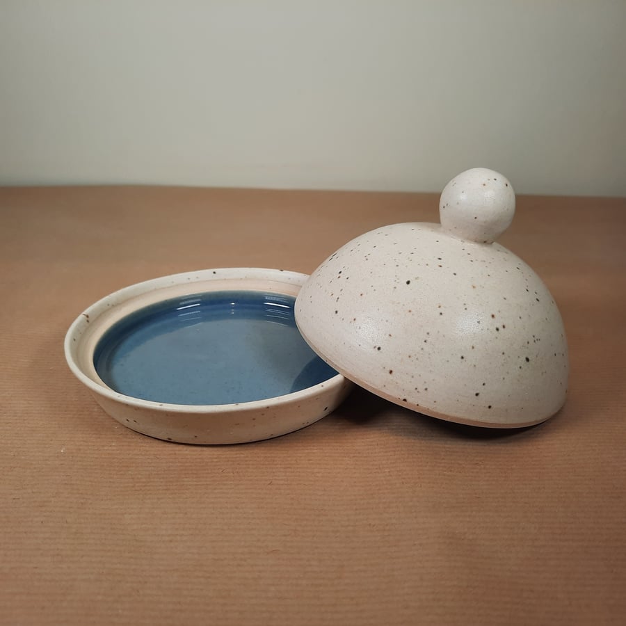 Hand made Blue and cream ceramic butter dish