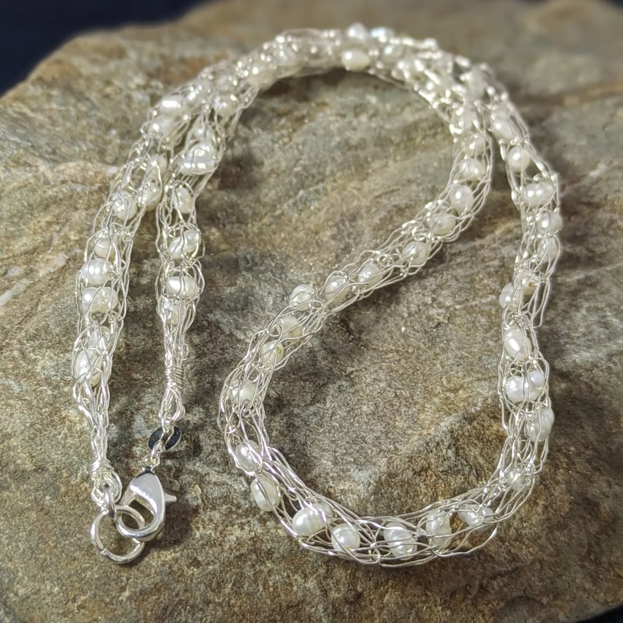 Crochet Fine Silver and Pearl Necklace 