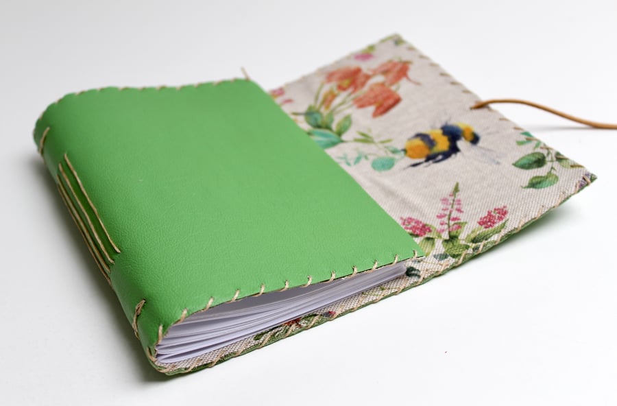 A6 Fold Over Green Leather handmade notebook floral fabric lining plain paper 