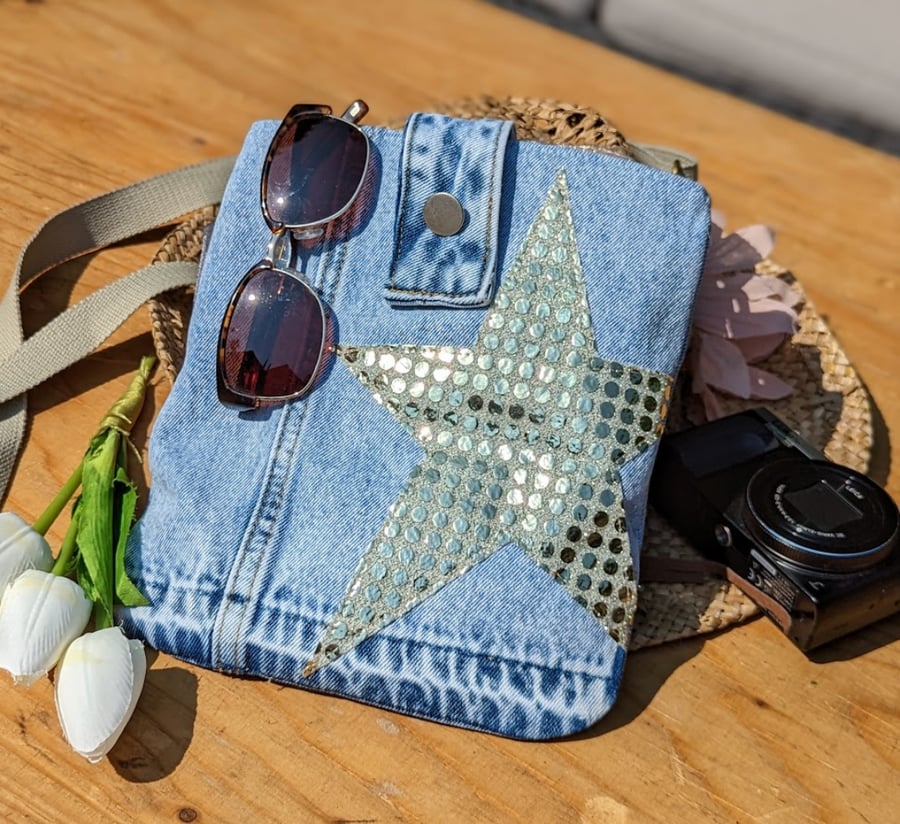 Denim Bag Mini Cross Body Jeans Bag with Sparkly Gold Star Motif (P&P inc)