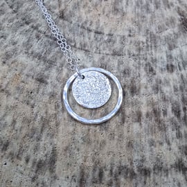 Sterling Silver Hoop and Reticulated Disc Moon Pendant Necklace - UK Free Post
