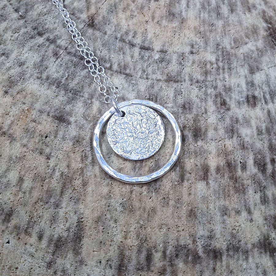 Sterling Silver Hoop and Reticulated Disc Moon Pendant Necklace - UK Free Post