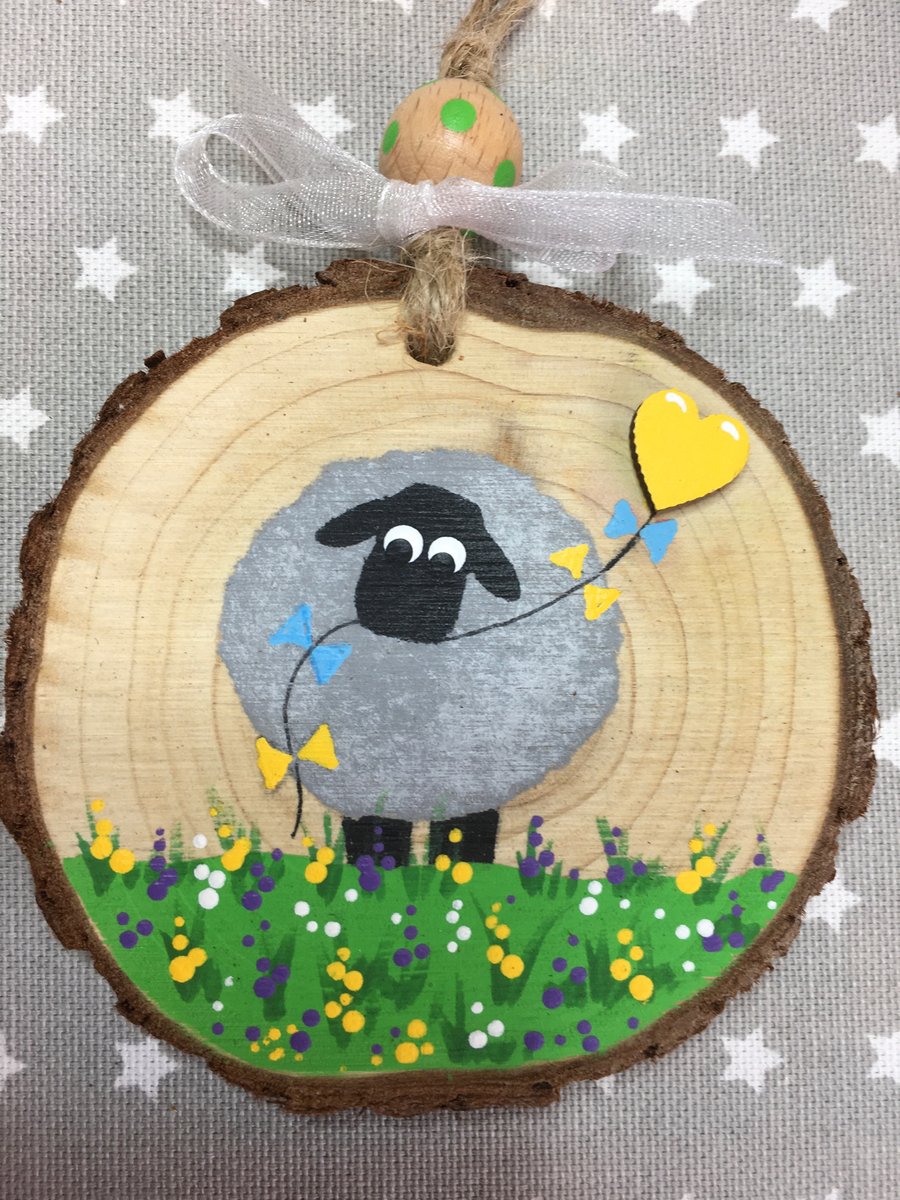 Hand painted wood slice decoration: Fun Sheep Easter Spring Birthday gift.