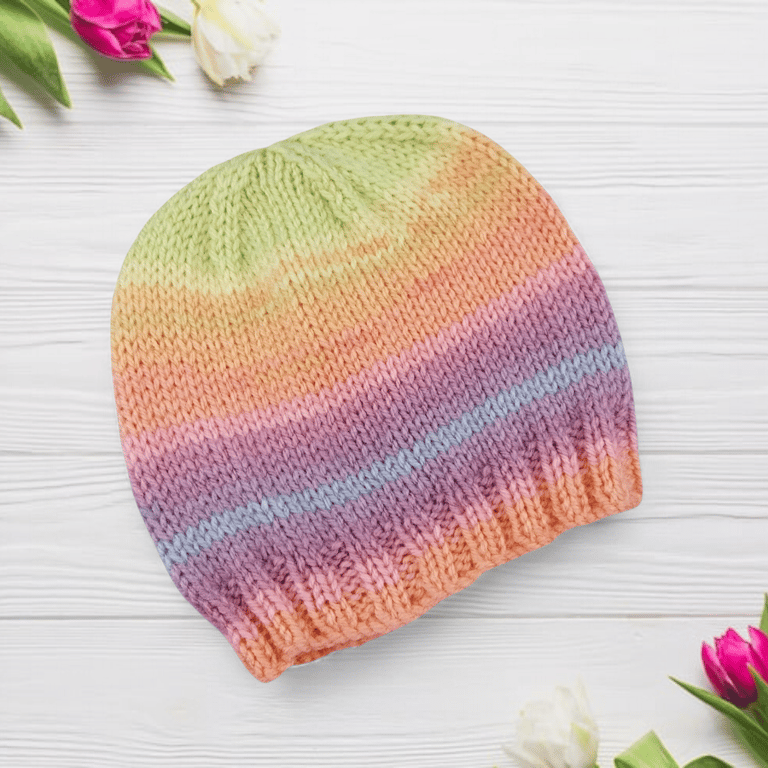 Baby Girl Hand Knitted Beanie Hat, Pastel Stripes, Newborn Gifts, Winter 