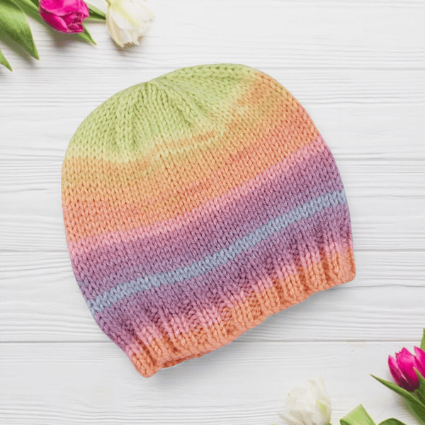 Baby Girl Hand Knitted Beanie Hat, Pastel Stripes, Newborn Gifts, Winter 