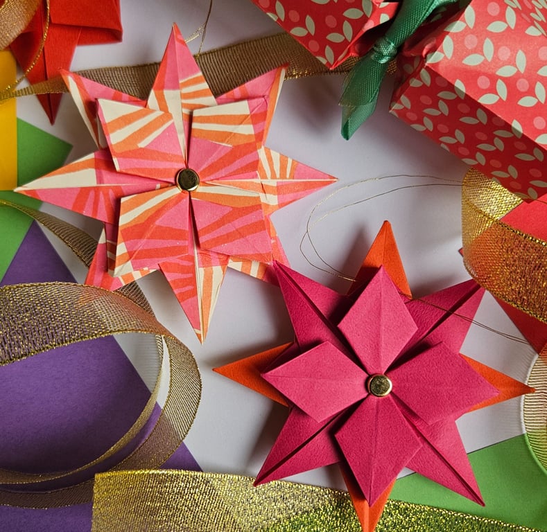 Two Origami Christmas Stars: Hanging Decorations (Pink and Orange)