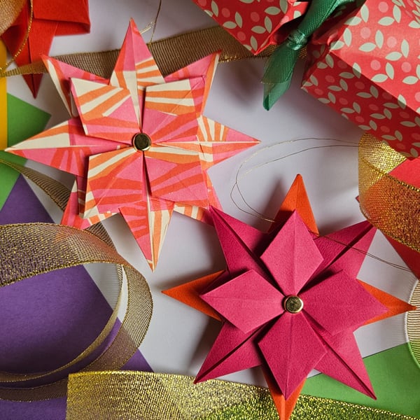 Two Origami Christmas Stars: Hanging Decorations (Pink and Orange)