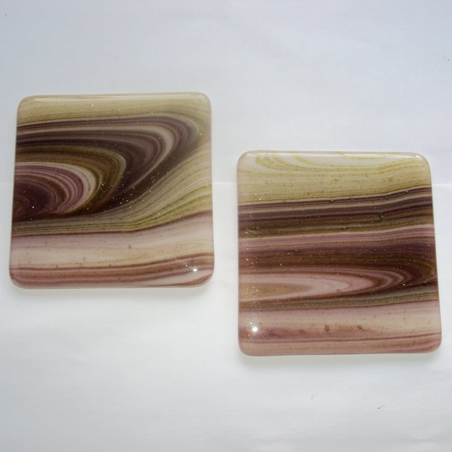Sparkly green and brown fused glass coasters.
