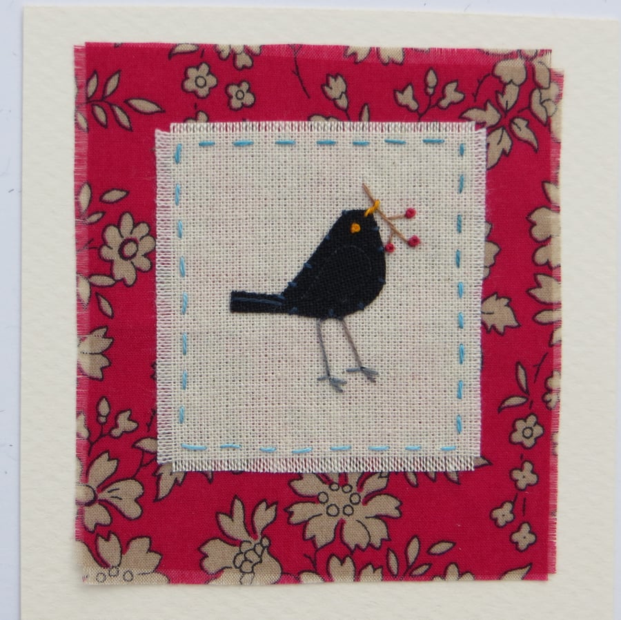 Blackbird with winter berries hand-stitched card for winter birthday or thankyou