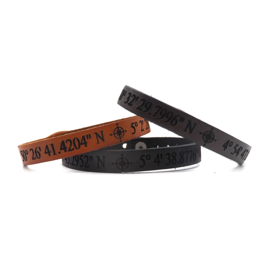 Personalised Leather Coordinates Bracelet with Optional Secret Message 