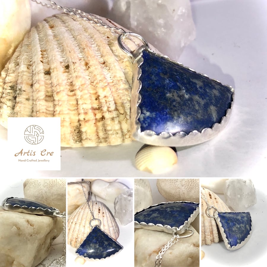 Solid Pure Fine Silver natural Lapis Lazuli gemstone pendant 16” diamond cu