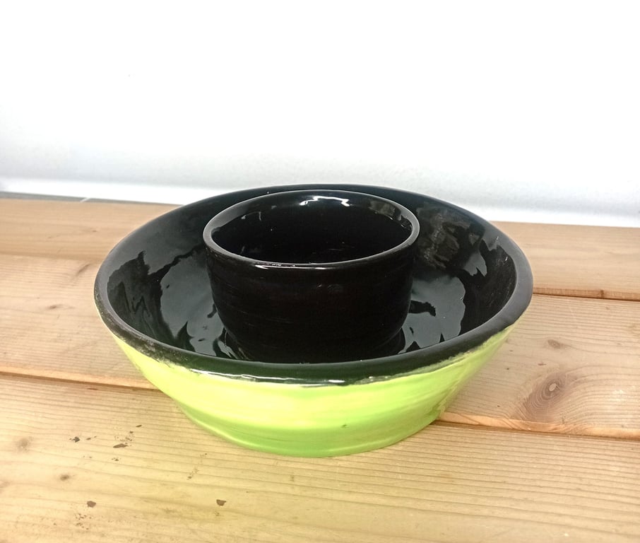 Pottery quirky studio chip and dip small individual serving set, green and black