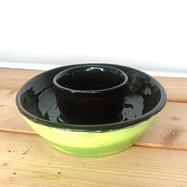 Pottery quirky studio chip and dip small individual serving set, green and black