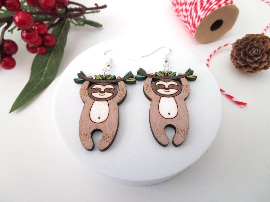 Sloth Drop Earrings - Hand Painted Laser Cut Earrings 