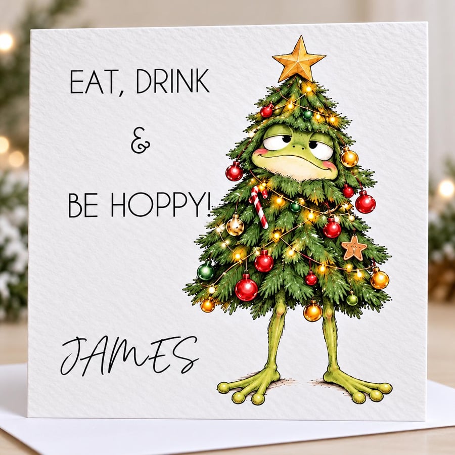 Personalised Funny Frog Christmas Card - Eat Drink & Be Hoppy