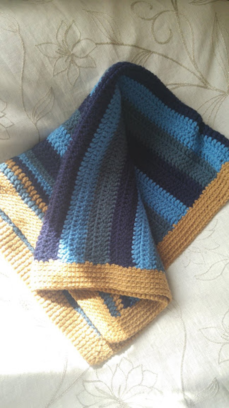 Blues and Tan Acrylic Wool Crochet Blanket