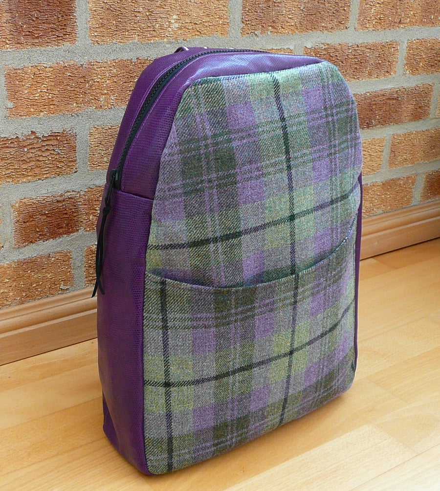 Backpack, purple vinyl rucksack with purple & green Scottish wool tweed 