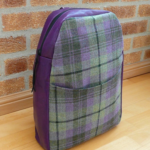 Backpack, purple vinyl rucksack with purple & green Scottish wool tweed 