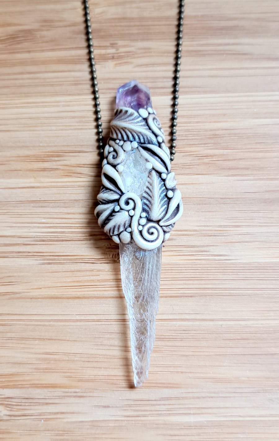 Hiddenite, Vera Cruz Amethyst, Phenacite and Polymer Clay Amulet Wand Pendant